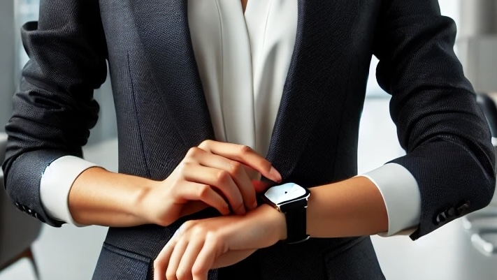 A professional female business executive tapping her wristwatch.